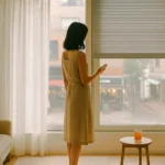 자취방 자동블라인드 사용 모습, 원룸 창가 실루엣