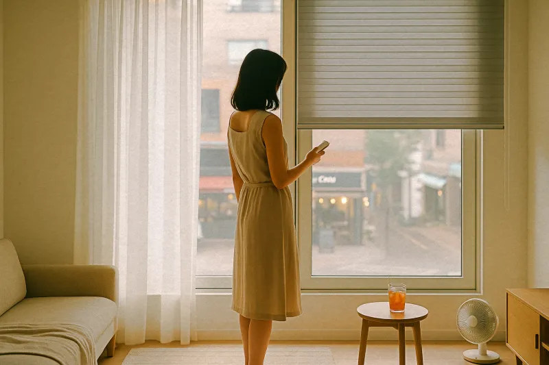 자취방 자동블라인드 사용 모습, 트렌디한 원룸 창가 실루엣