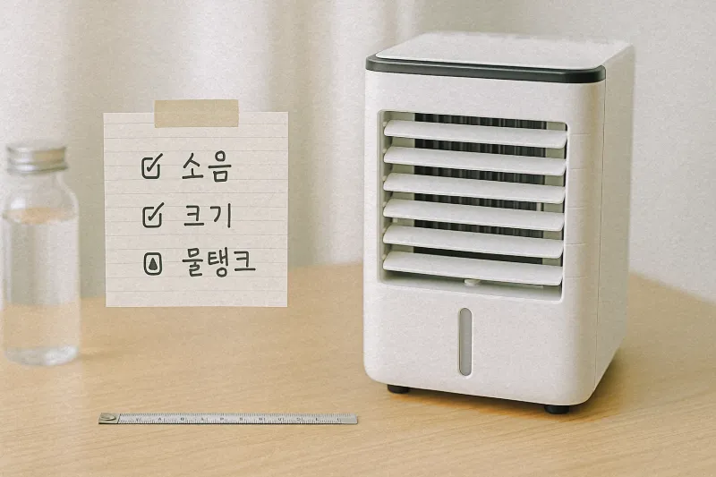자취방 미니 냉풍기 구매 전 체크리스트 – 설치 위치, 전선 길이, 물통 용량 확인하는 모습