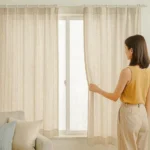 여름 햇살이 스미는 시어서커 커튼 앞 자취방 창가