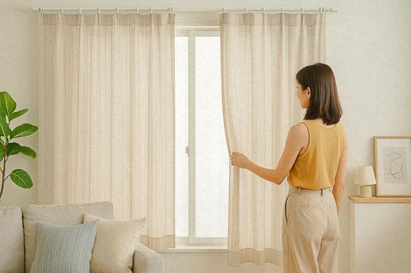 여름 햇살이 스미는 시어서커 커튼 앞 자취방 창가