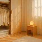 계절 옷이 정돈된 옷장과 햇살이 드는 침실, 따뜻한 무드등과 러그가 어우러진 감성 인테리어