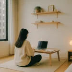 좌식 테이블과 무드등으로 꾸민 작은 자취방 공부 공간