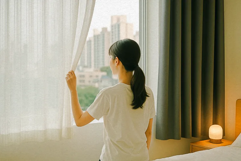 작은 창에 쉬폰 커튼이 있는 감성적인 자취방 인테리어