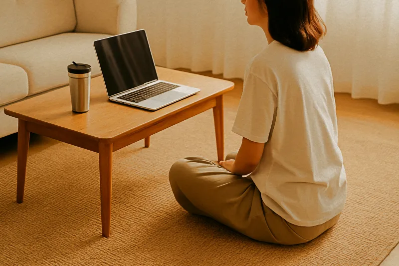 베이지톤 사이잘룩 러그가 깔린 원룸 – 미니멀하고 실용적인 여름 자취방 인테리어