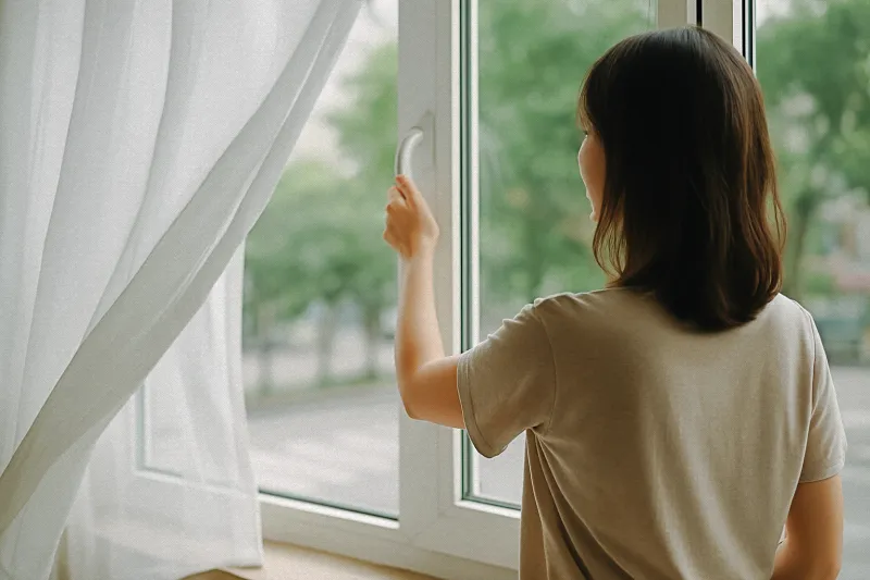 자취방 악취 제거를 위한 아침 환기 장면