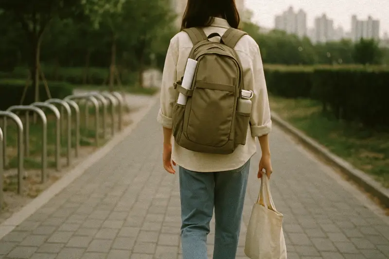 다이소 캠핑 테이블 - 다이소 롤테이블을 25L 백팩에 수납해 대중교통으로 이동하는 모습