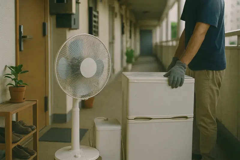 선풍기 버리는법 - 무상수거를 위해 현관 앞에 놓인 선풍기와 냉장고