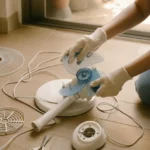 선풍기 버리는법 - 선풍기 부품을 분리하는 장갑 낀 손의 모습