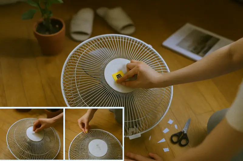 선풍기 버리는법 - 폐기물 스티커를 선풍기에 부착하는 장면