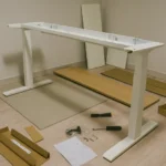 이케아 밋손 책상 상판과 다리를 러그 위에서 조립하는 모습