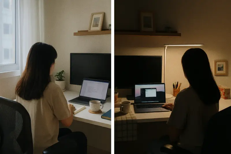 주간과 야간 분위기의 밋손 홈오피스 콜라주
