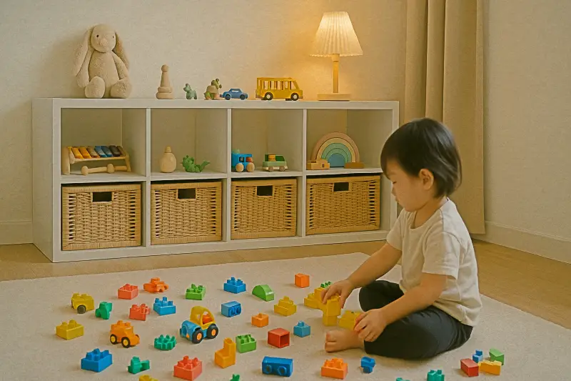 아이방 장난감 정리용 이케아 칼락스 4x4 활용 장면