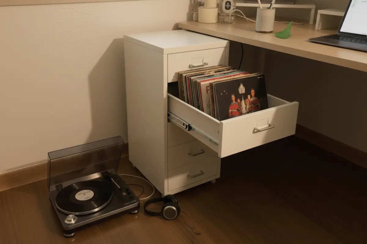 이케아 헬메르 서랍장을 LP 수납장으로 활용하는 모습