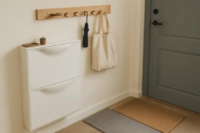 좁은 현관 동선 설계, slim shoe cabinet layout, small entryway organization