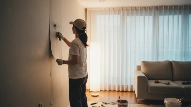 셀프 벽지 시공 장면, Wallpaper installation