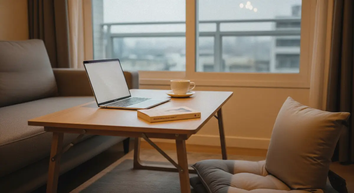 접이식 테이블 - 거실에서 접이식 테이블 사용하는 모습