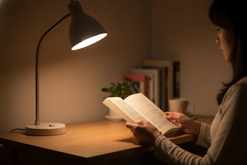 2700K 전구색 LED 전구를 장착한 스탠드가 독서등 역할과 무드등 역할을 동시에 수행하며 따뜻한 빛을 비추는 모습.