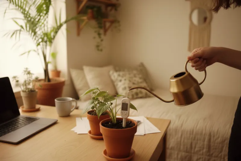 초보자가 물주기 실수를 줄이기 위해 수분 측정계를 사용하여 화분에 물을 주는 현실적인 모습.