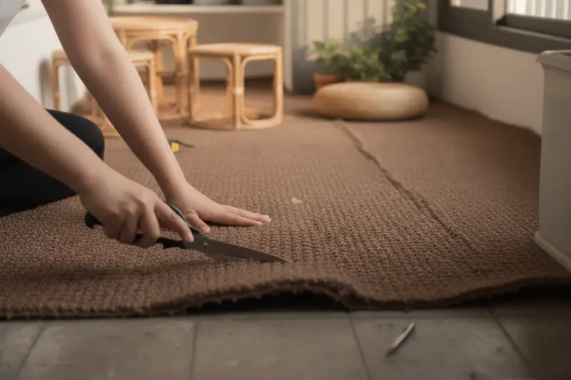 좁은 베란다 모서리에 맞게 코일 매트를 재단하는 실제 DIY 과정 사진