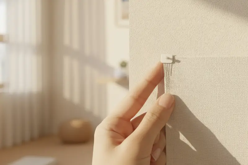 패브릭 포스터를 꼭꼬핀으로 깔끔하게 고정하는 클로즈업 장면. 사진 벽 꾸미기에도 응용 가능함을 시사.