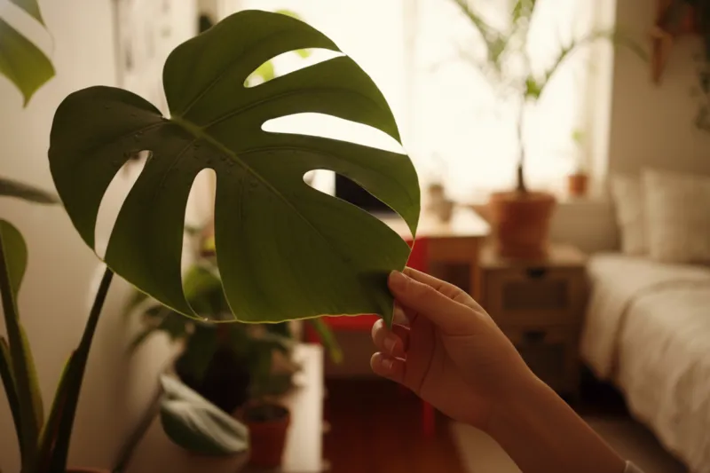 실내 공기 정화 식물 잎에 맺힌 물방울을 통해 생명력을 강조한 클로즈업 컷.