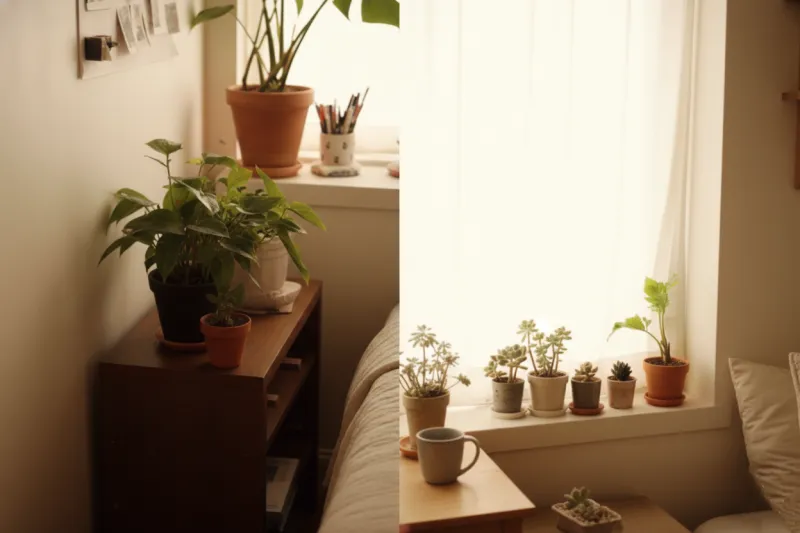 빛이 적은 자취방 코너와 창가의 대비를 보여주는 작은 식물 배치 비교 연출.