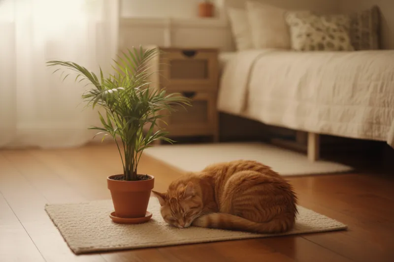 좁은 방에서 반려동물과 안전하게 공존하는 테이블야자 화분 연출.