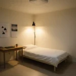 좁은 자취방에 장스탠드를 간접 조명으로 활용하여 따뜻하고 아늑한 호텔 감성 분위기를 연출한 모습.