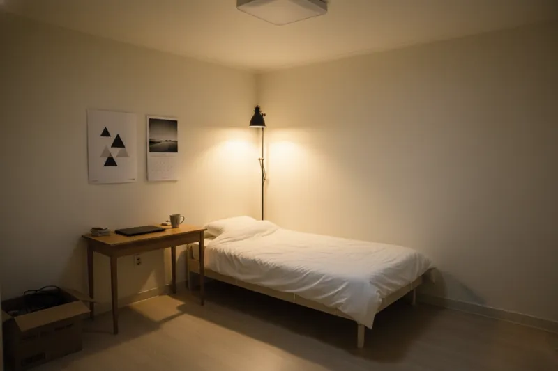 좁은 자취방에 장스탠드를 간접 조명으로 활용하여 따뜻하고 아늑한 호텔 감성 분위기를 연출한 모습.