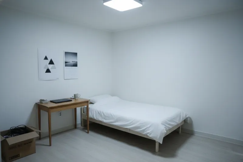 좁은 자취방에 메인등(형광등)만 켜져 있어 차갑고 삭막한 느낌이 드는 스탠드 설치 전 모습.