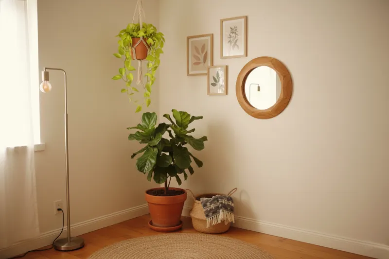 좁은 공간에서 높낮이를 활용하여 공간을 넓어 보이게 하는 행잉 플랜트 인테리어 팁.