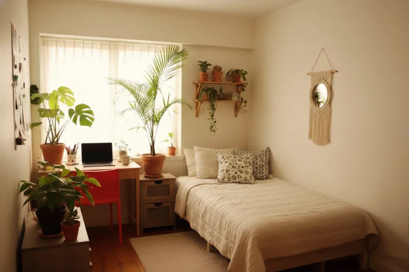 좁은 자취방 창가에 몬스테라와 작은 화분들을 배치하여 아늑하게 꾸민 플랜테리어.