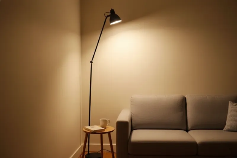 아르떼미데 톨로메오 st 장스탠드가 2700K 전구색으로 거실에 은은한 호텔 감성 간접 조명을 연출하는 모습.