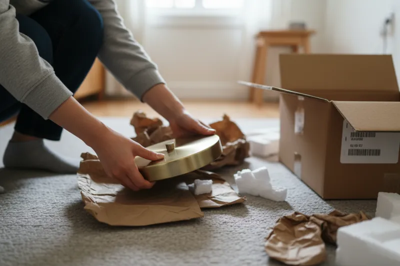 20대 여성이 아르떼미데 st 장스탠드의 묵직한 하단 베이스를 손으로 들어보며 안정감을 확인하는 내돈내산 개봉 장면.