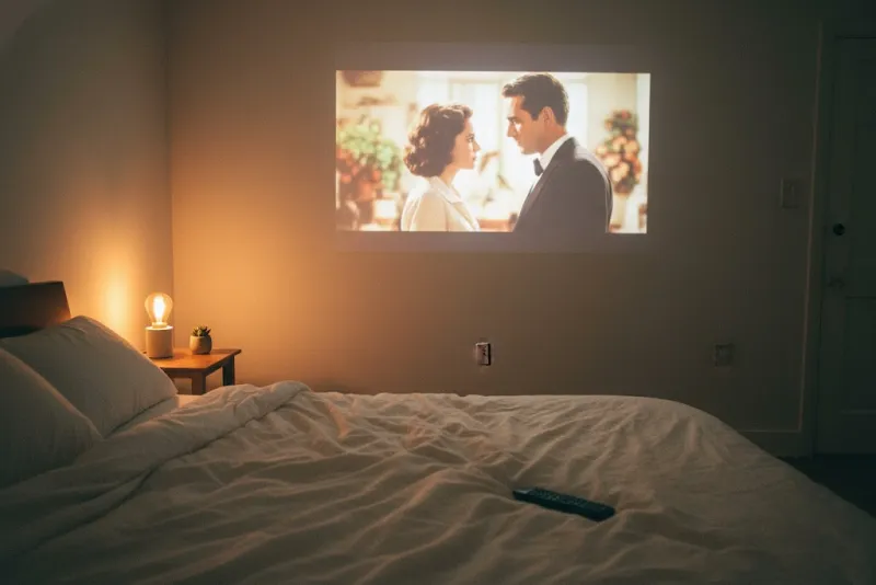 자취방 침대에 누워 벽에 쏜 빔프로젝터 화면을 보는 아늑하고 따뜻한 미니 빔프로젝터 로망 사진.