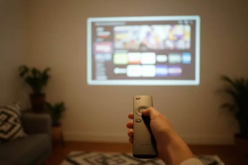 빔프로젝터 리모컨으로 넷플릭스 등 OTT 서비스를 조작하는 손의 모습. 스마트 OS의 편의성을 강조.