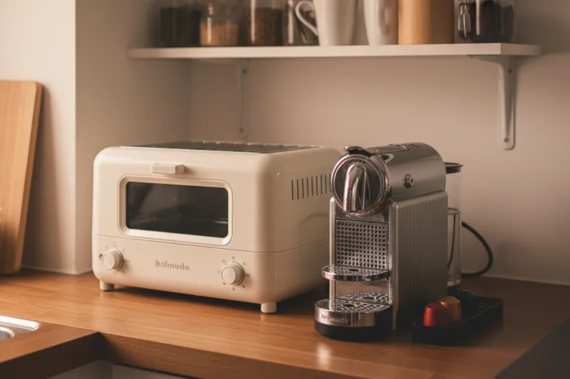 발뮤다 토스터와 다른 신혼 가전이 함께 놓인 홈카페 주방 모습.