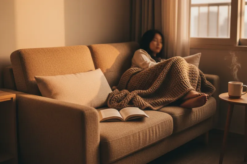 쿠션 조합으로 완성된 아늑한 자취방에서 휴식하는 모습