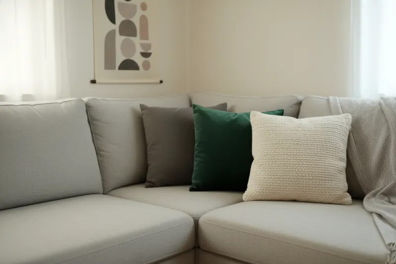 좁은 자취방 라이트 그레이 소파에 적용된 딥그린 쿠션 조합 예시