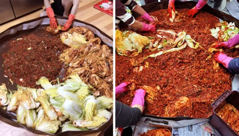 김장매트를 깔고 김장을 담그는 모습