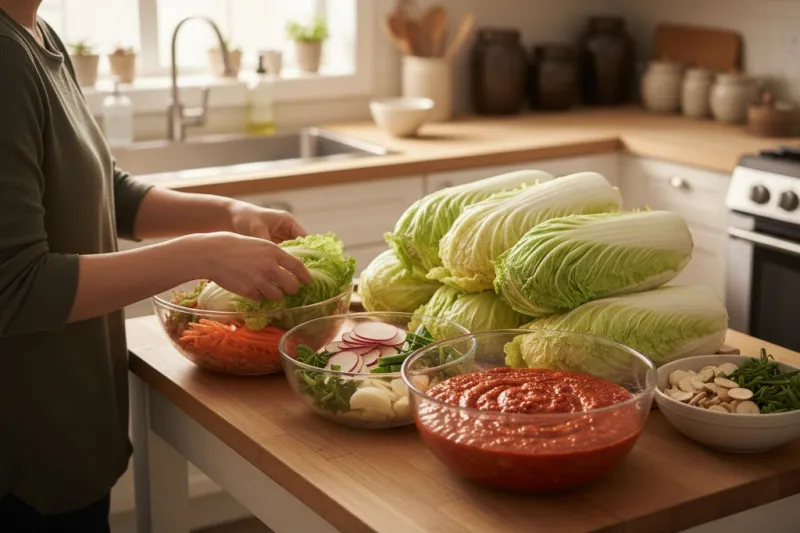 김장 준비 재료가 놓인 주방 자연광 사진