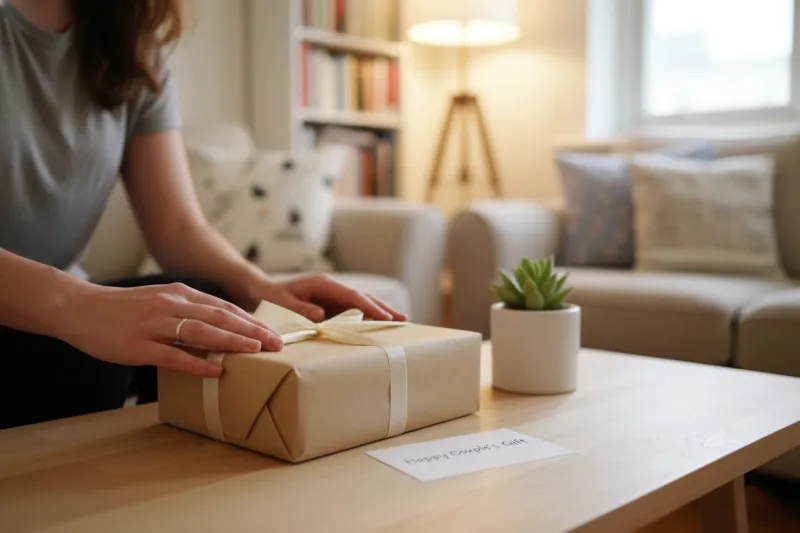 신혼부부 집들이 선물 포장 상자와 메시지 카드가 놓여있는 따뜻한 거실 풍경.