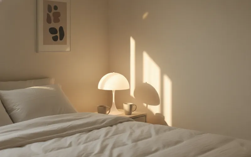 7평 원룸 침실 협탁 위에 놓인 루이스폴센 판텔라 st 조명과 깔끔한 침구의 조화로운 모습.