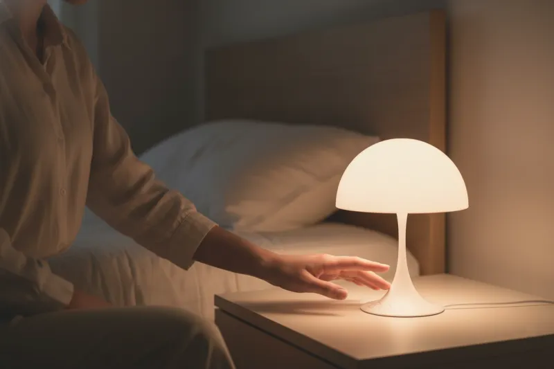 손이 루이스폴센 판텔라 st 버섯 조명의 3단계 터치 디밍 부분을 조작하는 클로즈업 사진.