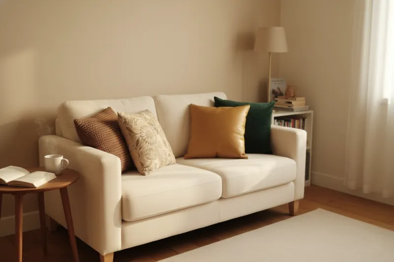 가을 인테리어 소품으로 완성한 소파 쿠션 스타일링 전체 모습