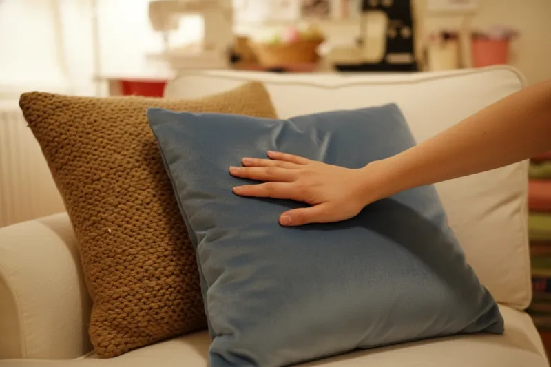 가을 쿠션 커버 - 따뜻한 니트와 부드러운 벨벳 쿠션 소재 대비 클로즈업