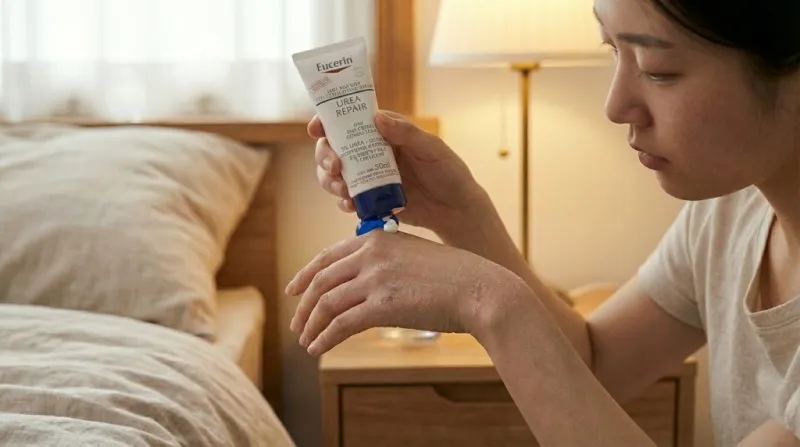 건조한 피부 관리를 위해 유세린 우레아 크림을 소량 사용하는 장면