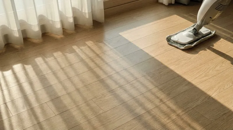 스팀 청소기로 바닥 청소를 마친 후 광택이 나는 깨끗한 마루 바닥