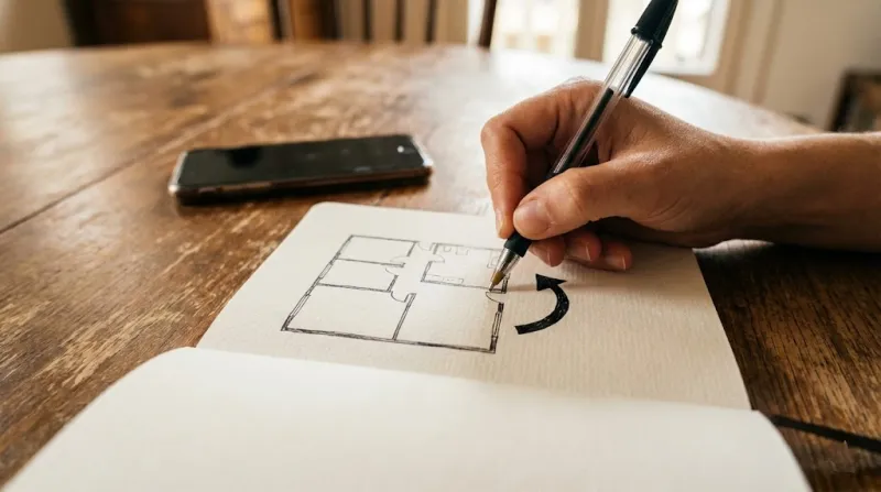 종이에 직접 그리며 계획하는 집안 대청소 시계방향 동선 평면도